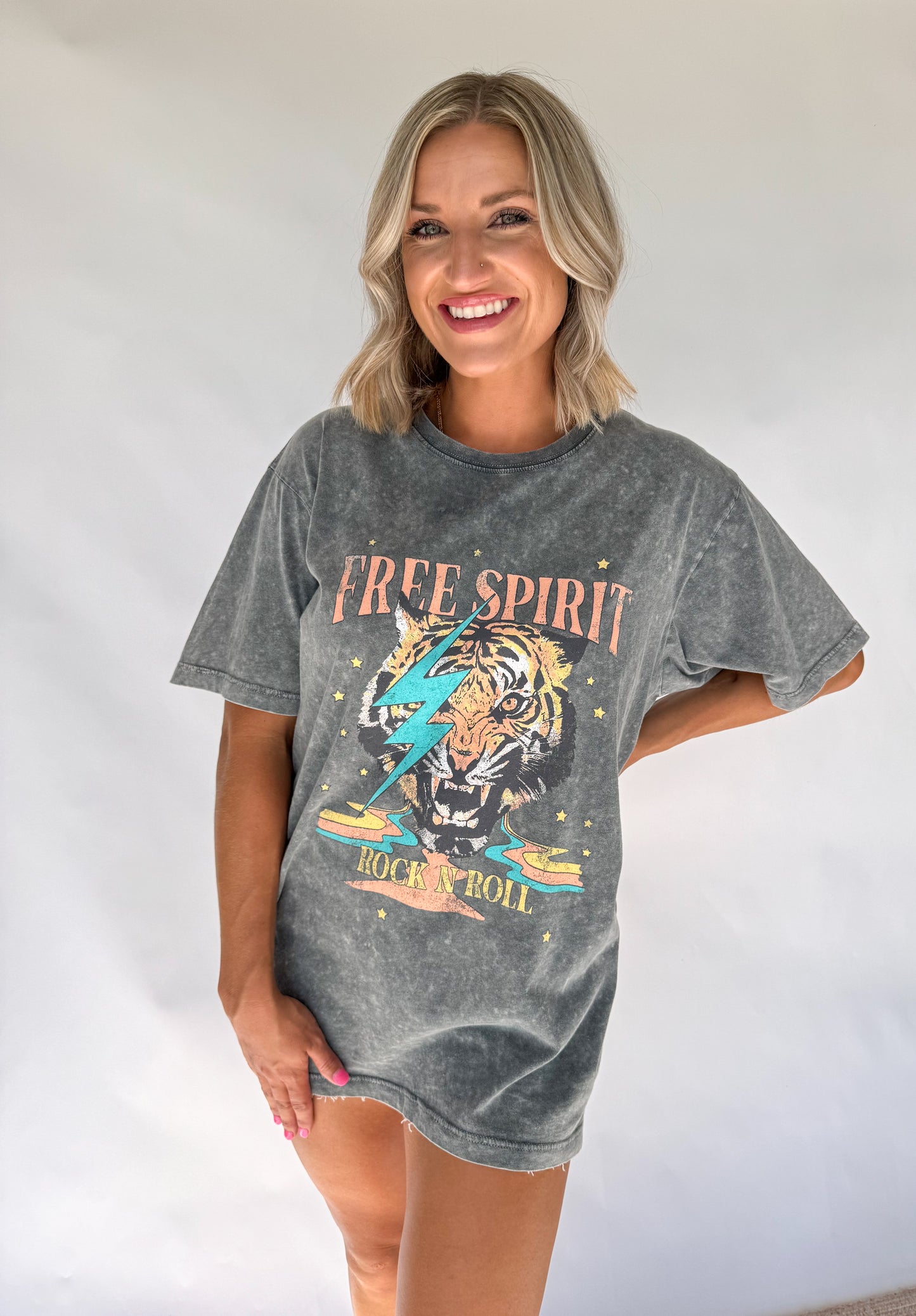 Free Spirit Tiger Acid Wash Graphic Tee
