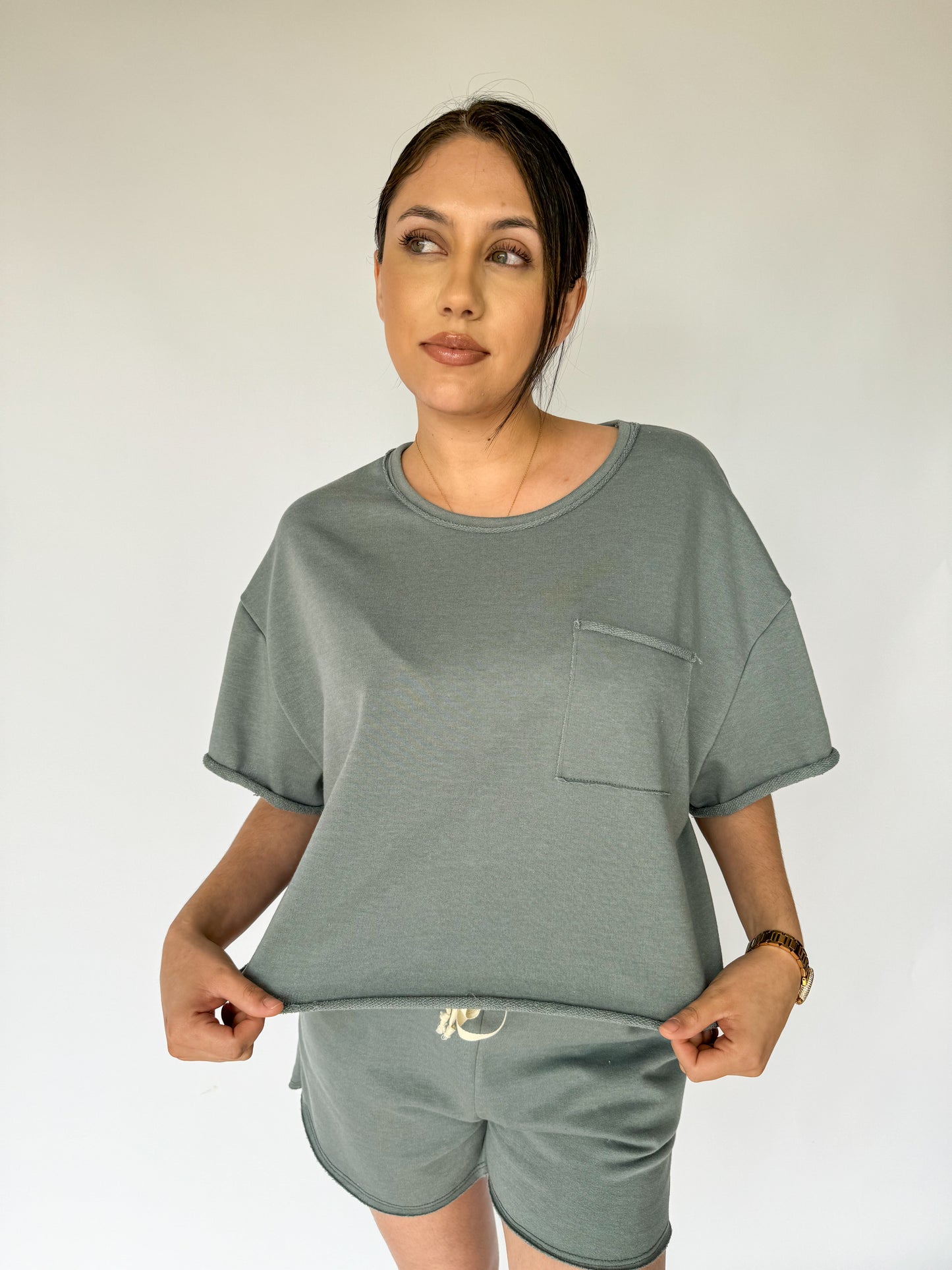 Never Looking Back Terry Raw Hem Boxy Tee *Stone Blue*