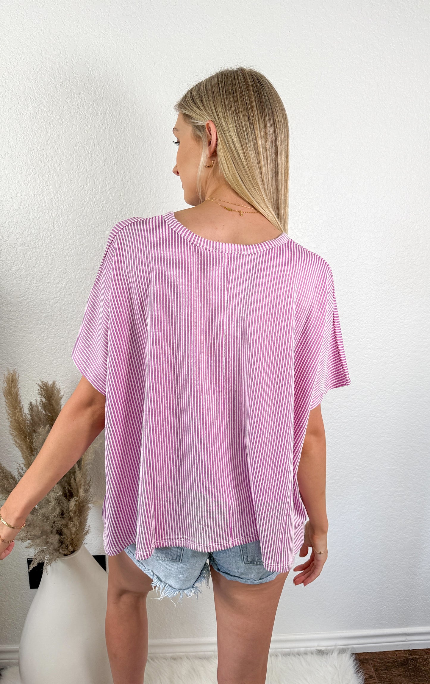 Abigail Ribbed Stripped Oversized Top *Pink*