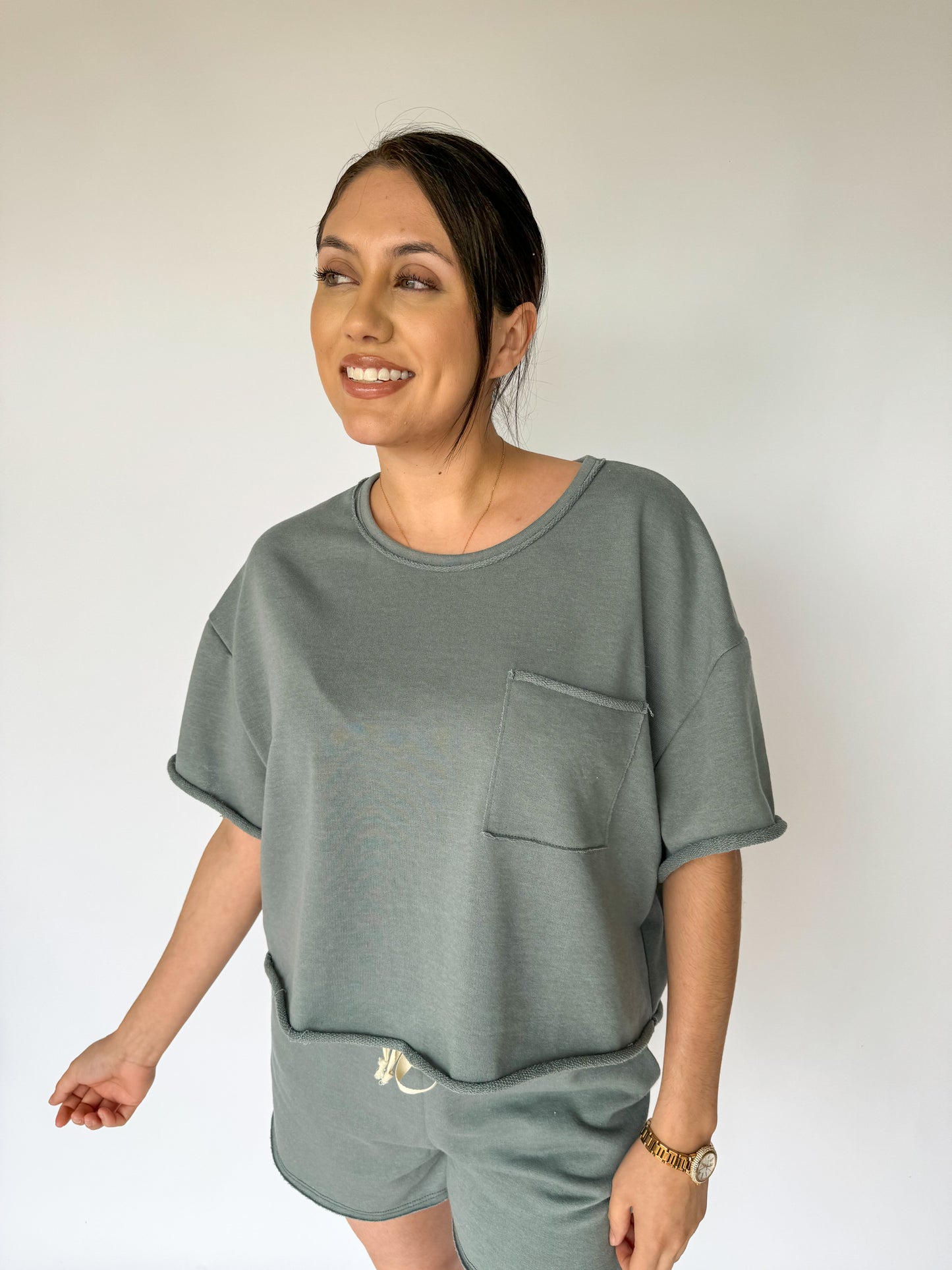 Never Looking Back Terry Raw Hem Boxy Tee *Stone Blue*