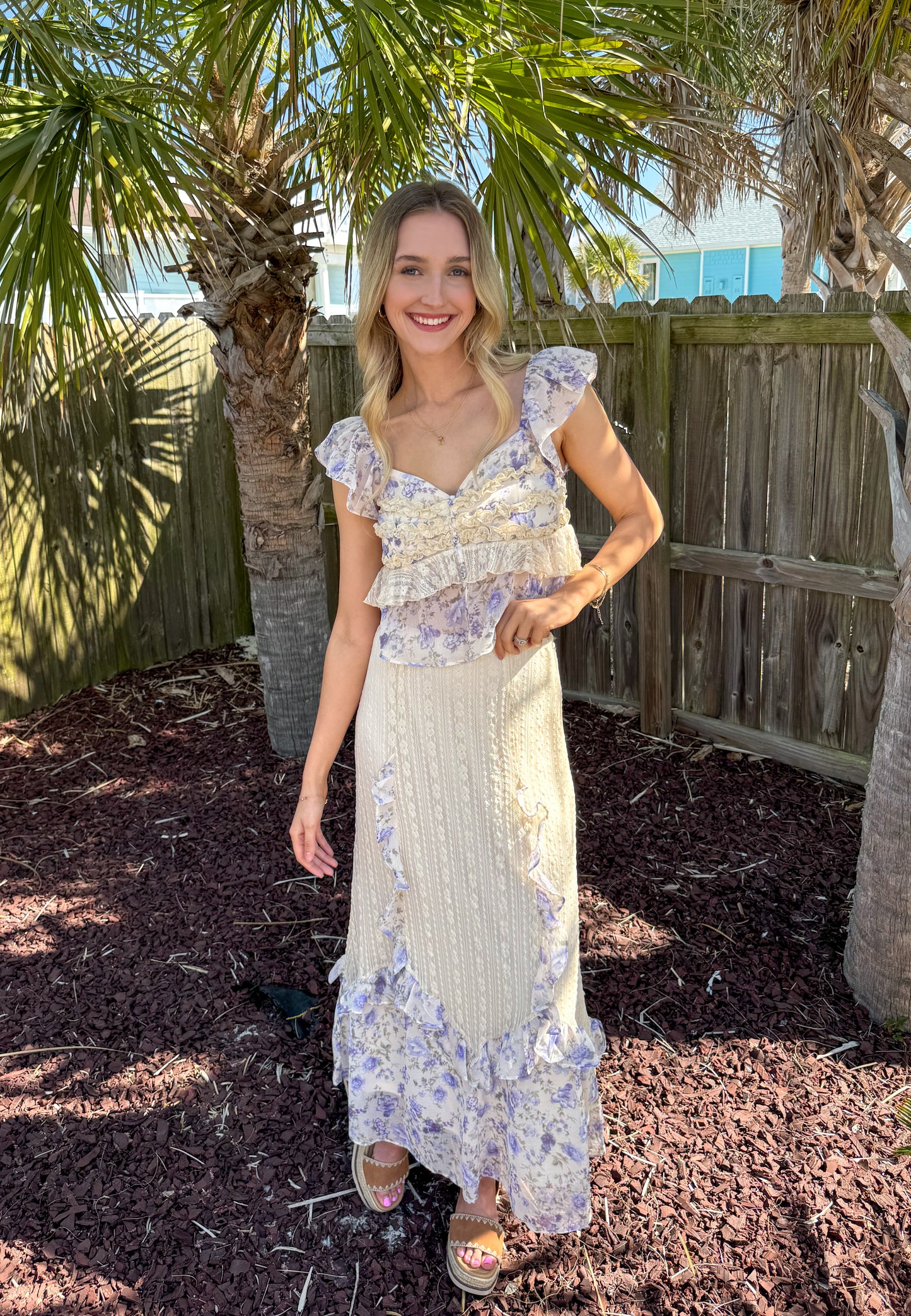 Lainey Violet Floral Print Ruffle Lace Trimmed Skirt