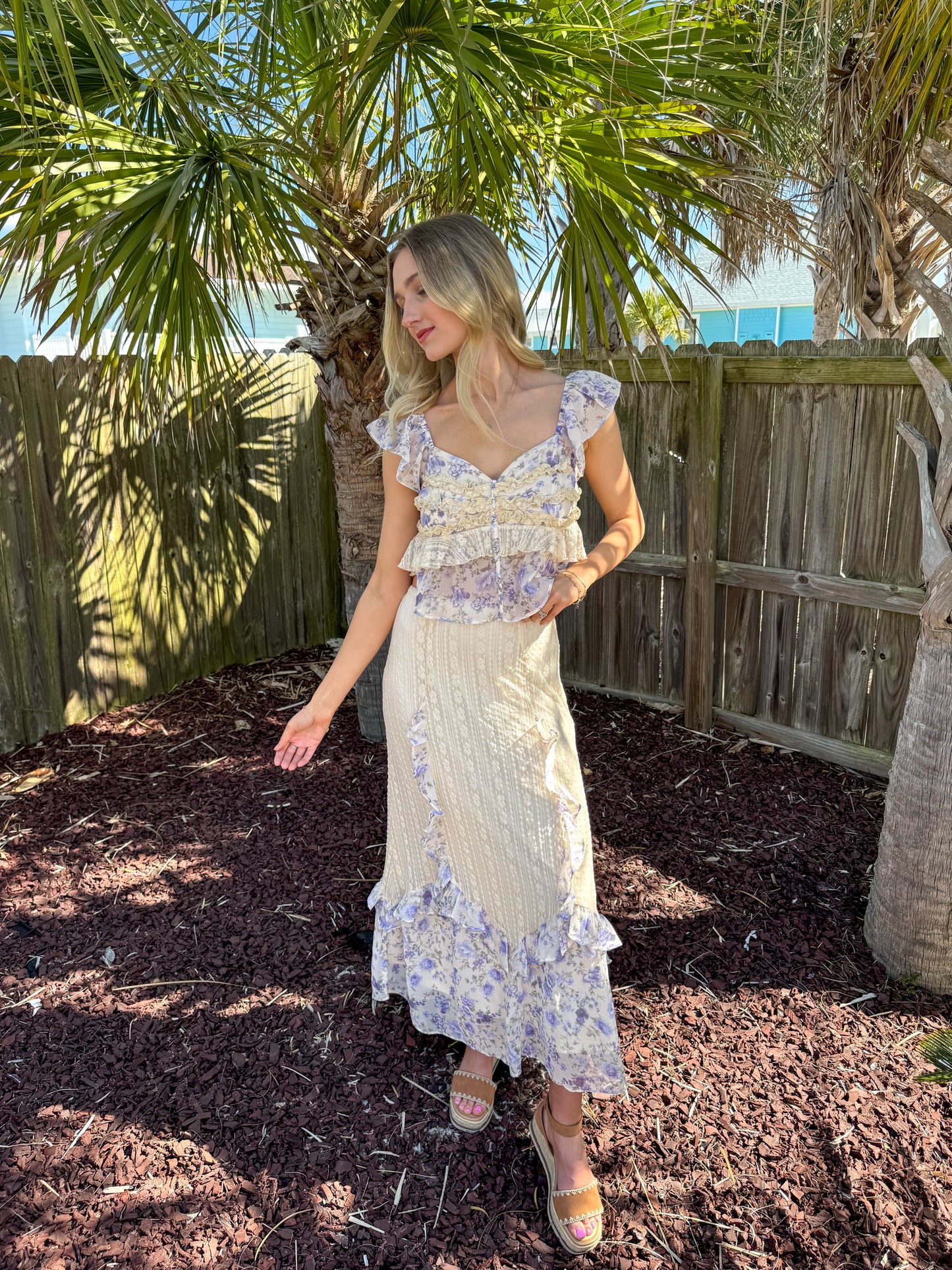 Lainey Violet Floral Print Ruffle Lace Trimmed Top