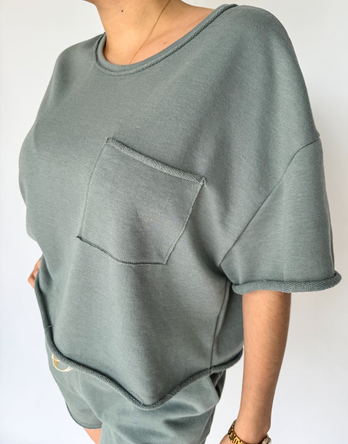 Never Looking Back Terry Raw Hem Boxy Tee *Stone Blue*