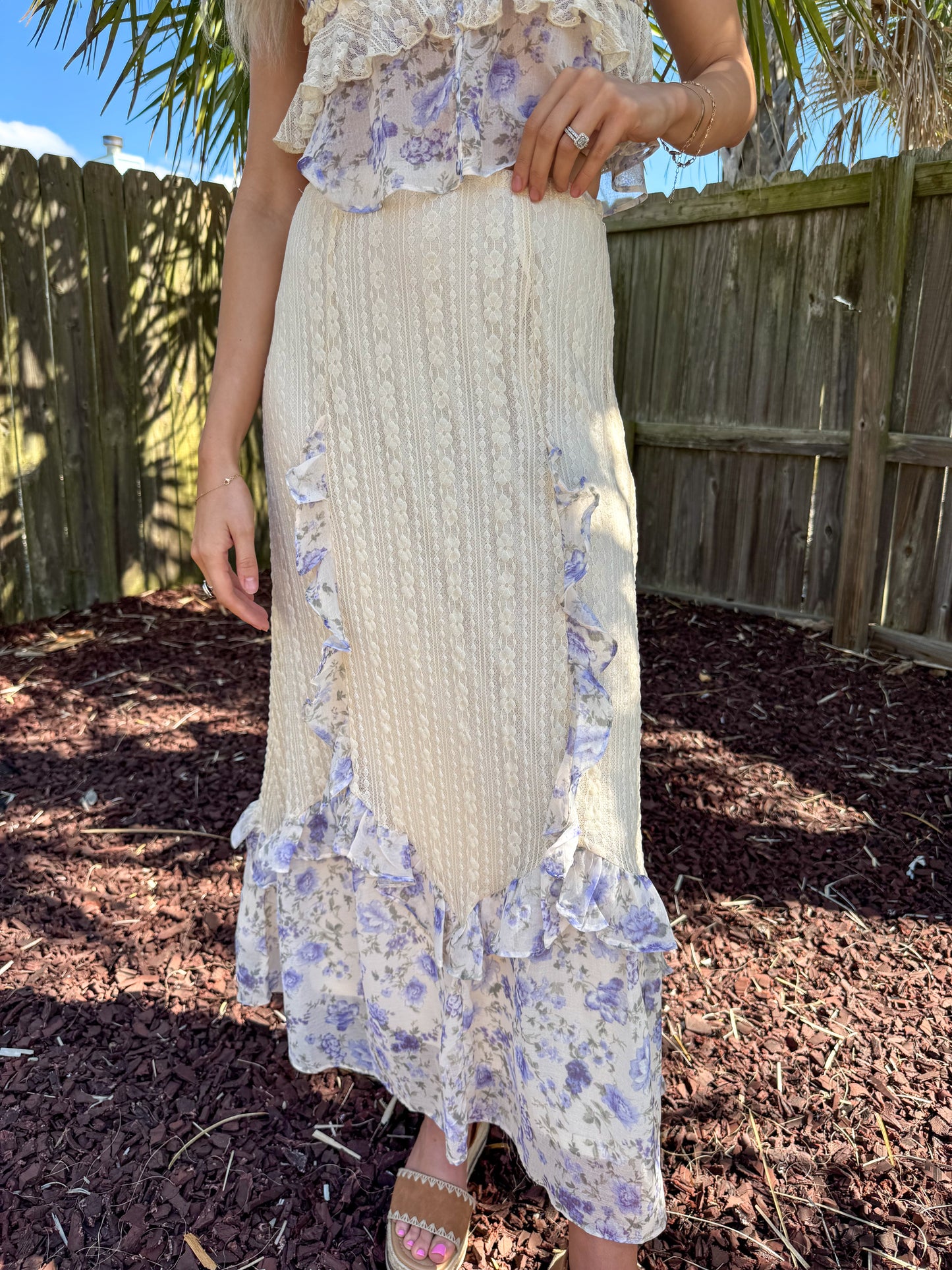 Lainey Violet Floral Print Ruffle Lace Trimmed Skirt