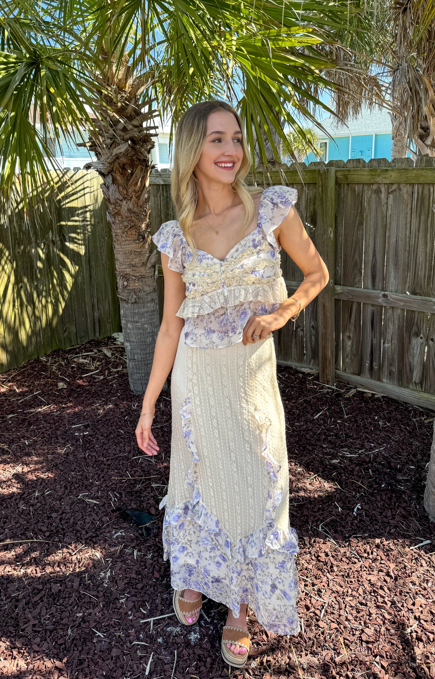 Lainey Violet Floral Print Ruffle Lace Trimmed Skirt