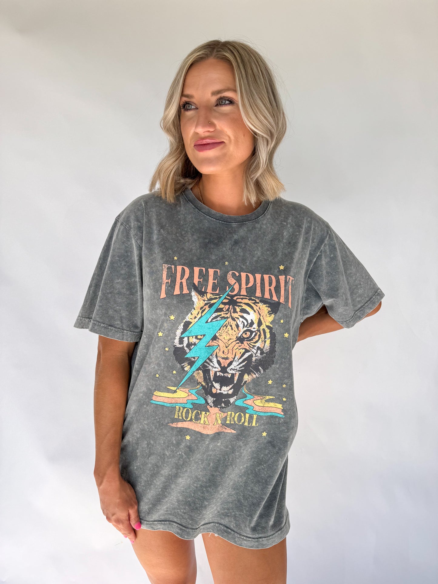 Free Spirit Tiger Acid Wash Graphic Tee
