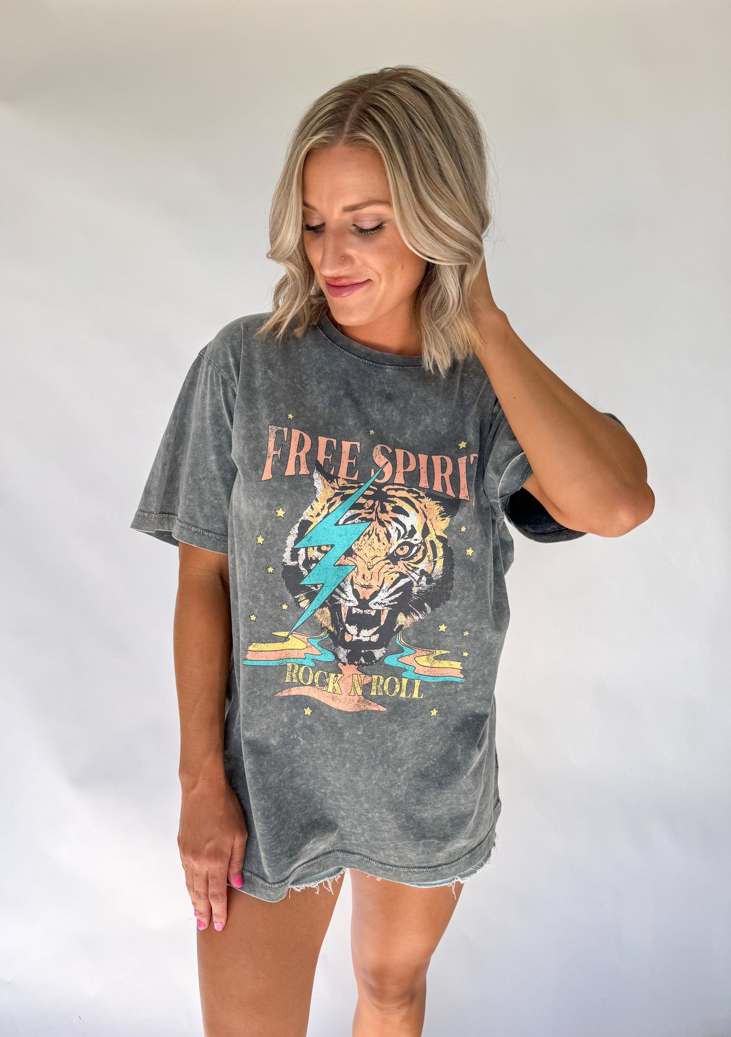 Free Spirit Tiger Acid Wash Graphic Tee