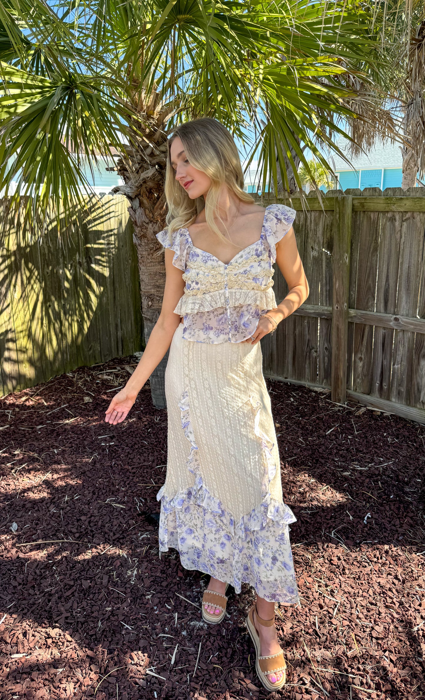 Lainey Violet Floral Print Ruffle Lace Trimmed Skirt