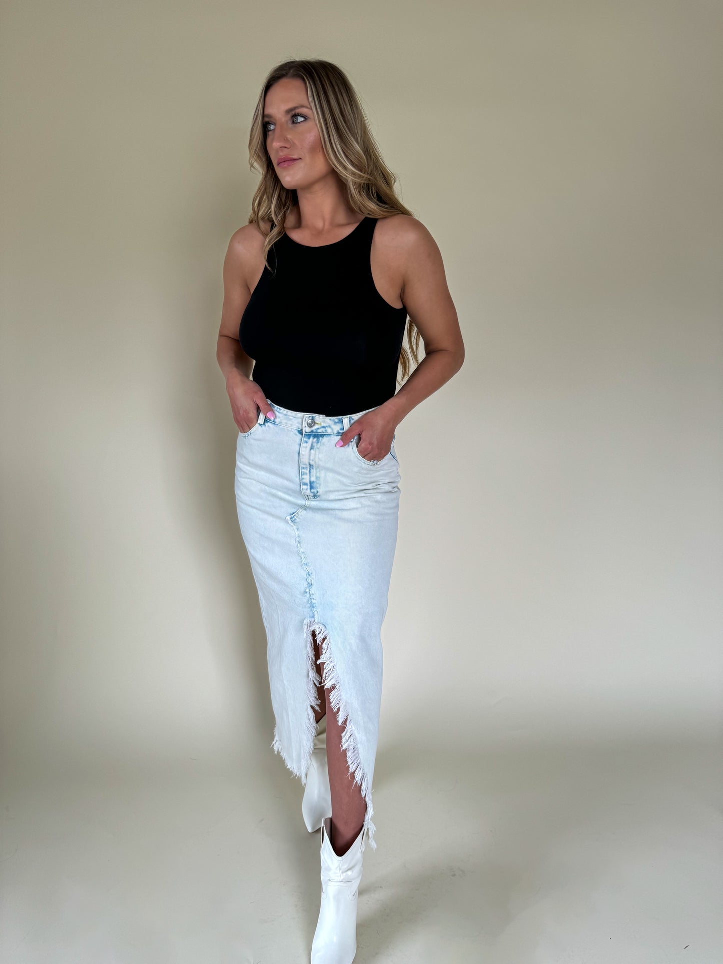 Savannah Denim Front Slit Skirt