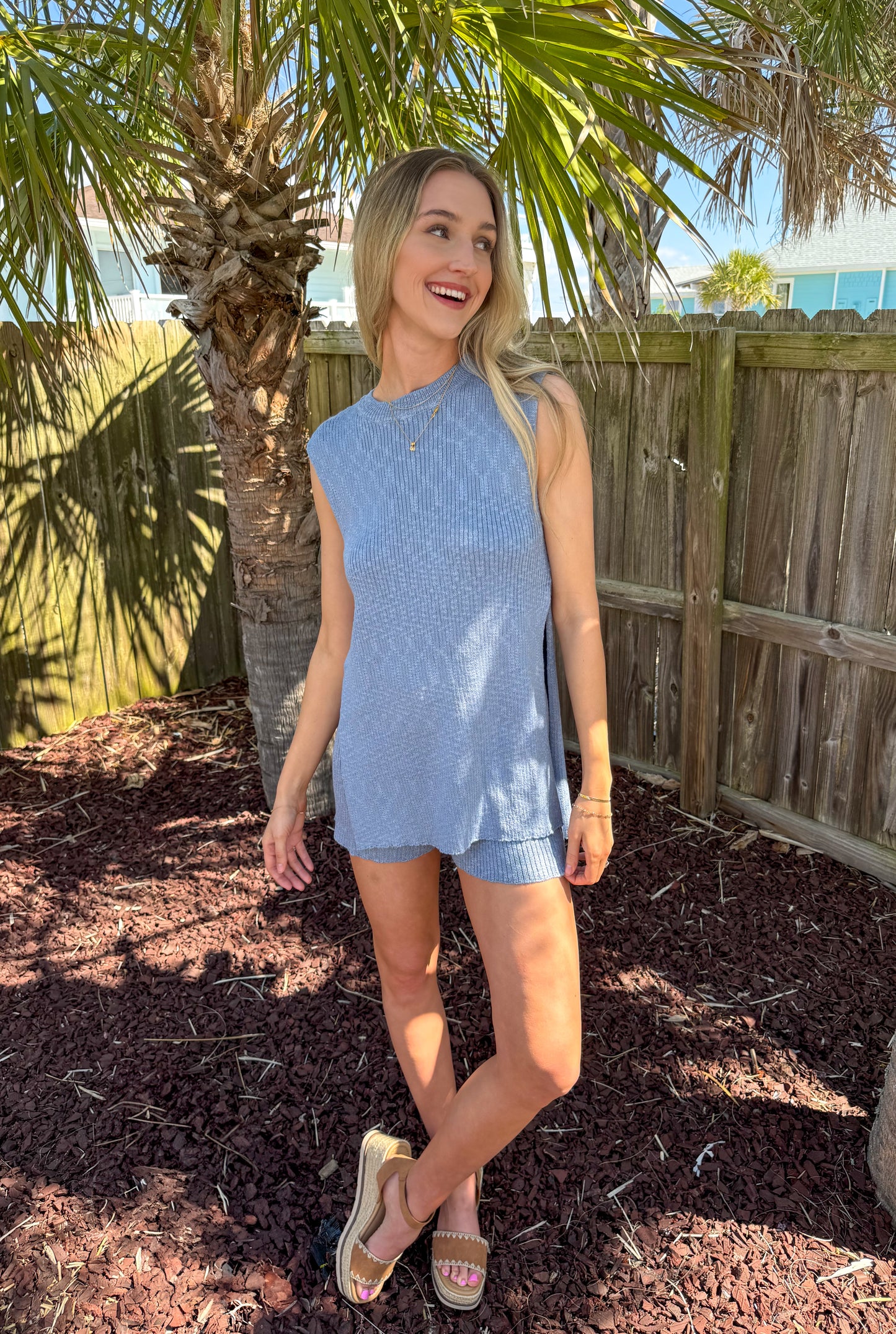Happy Tides Sleeveless Side Slit Sweater Set