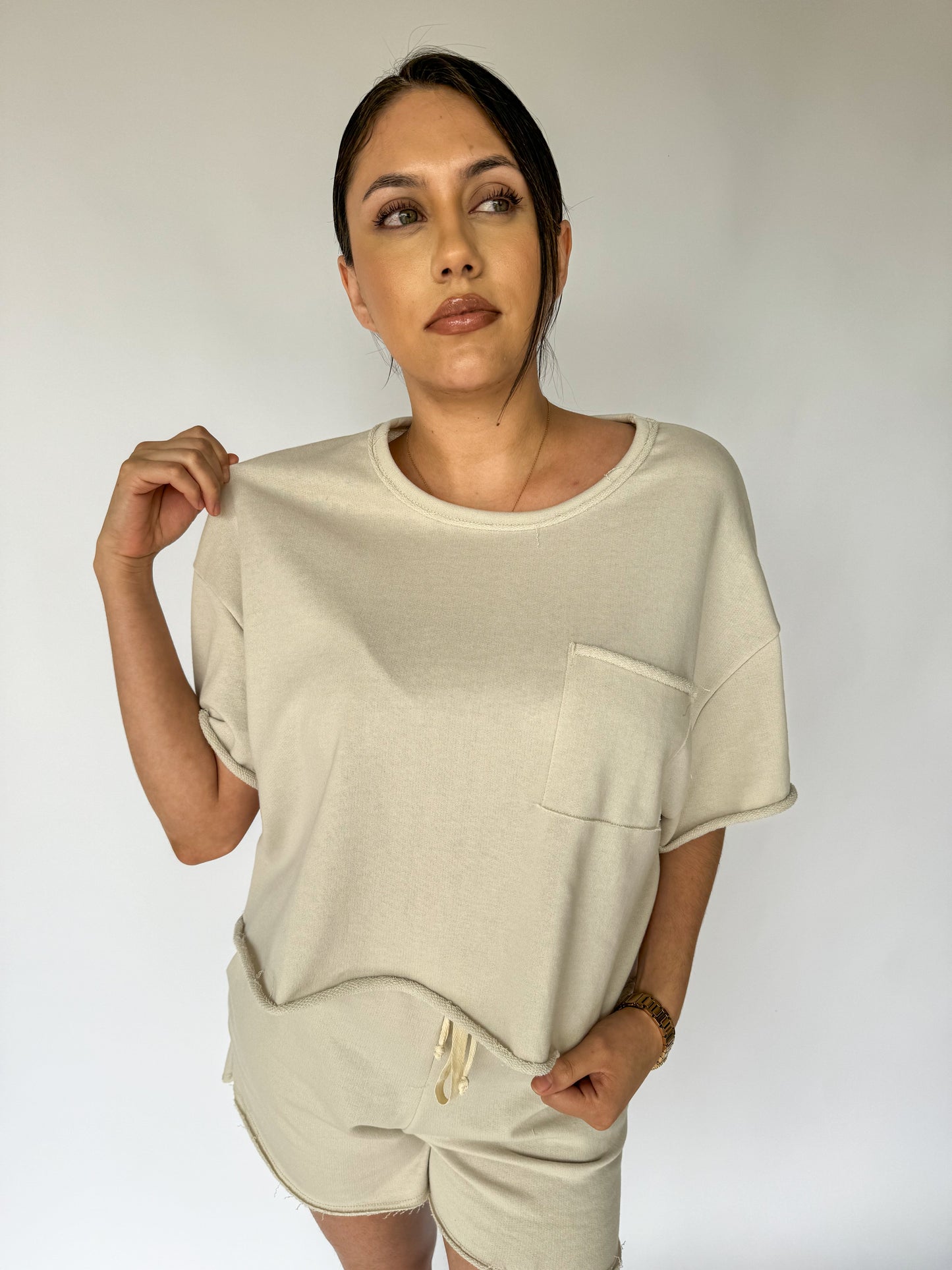 Never Looking Back Terry Raw Hem Boxy Tee *Beige*