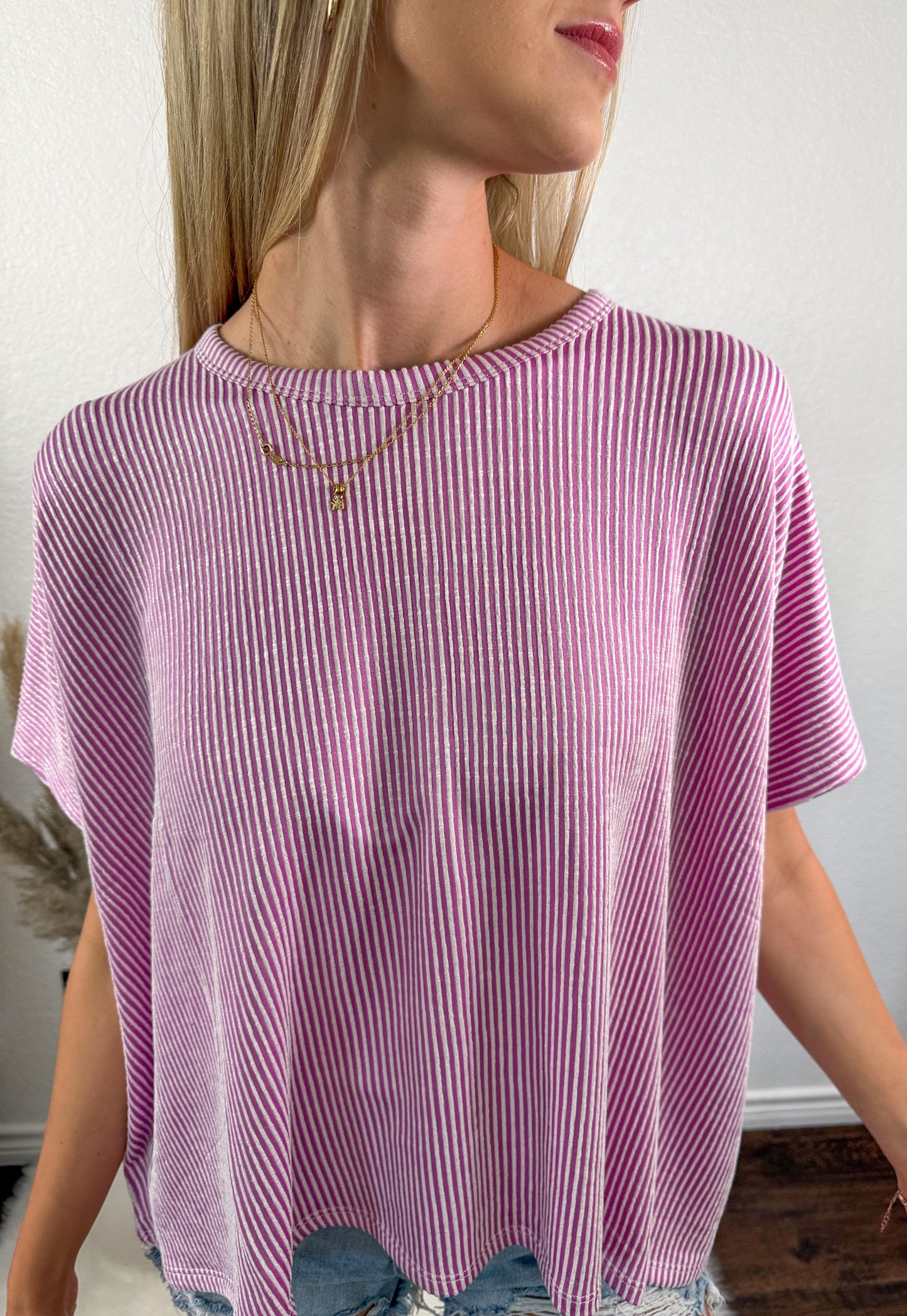 Abigail Ribbed Stripped Oversized Top *Pink*
