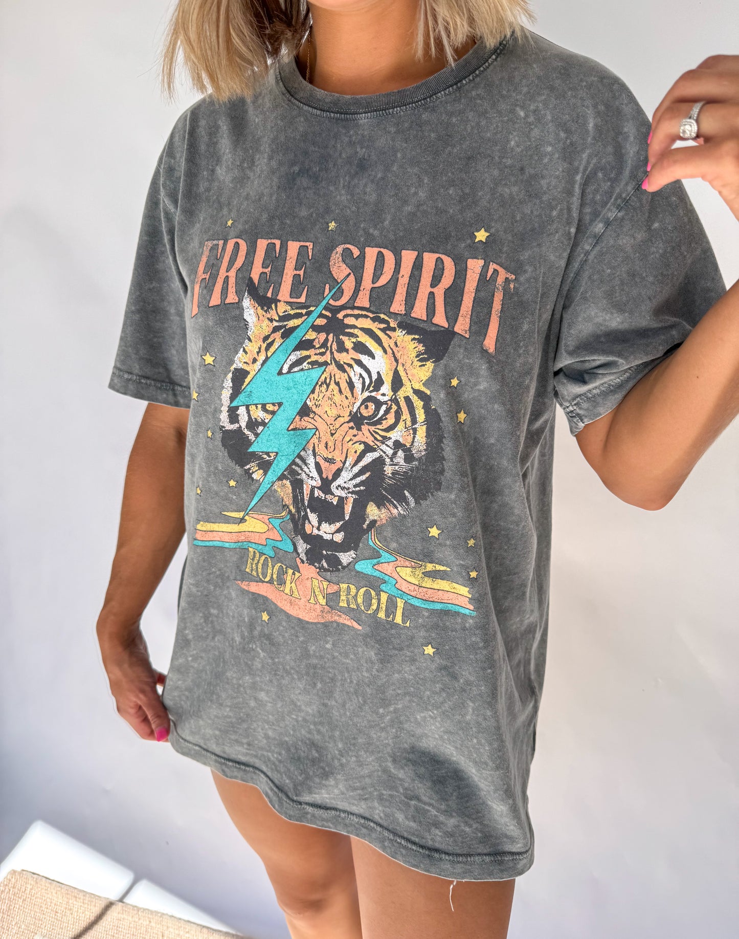 Free Spirit Tiger Acid Wash Graphic Tee