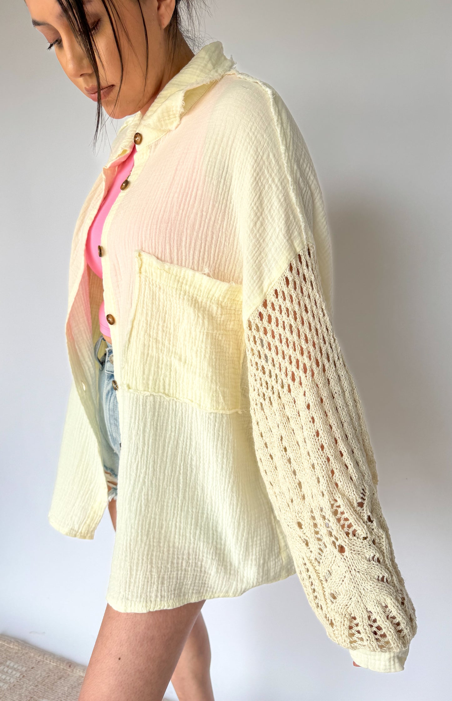 Daydream Crochet Sleeve Button Up Gauze Top