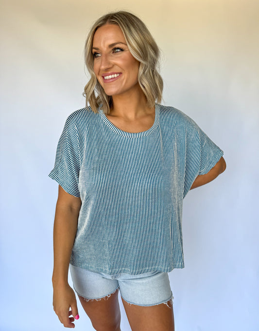 Abigail Ribbed Stripped Oversized Top *Teal*