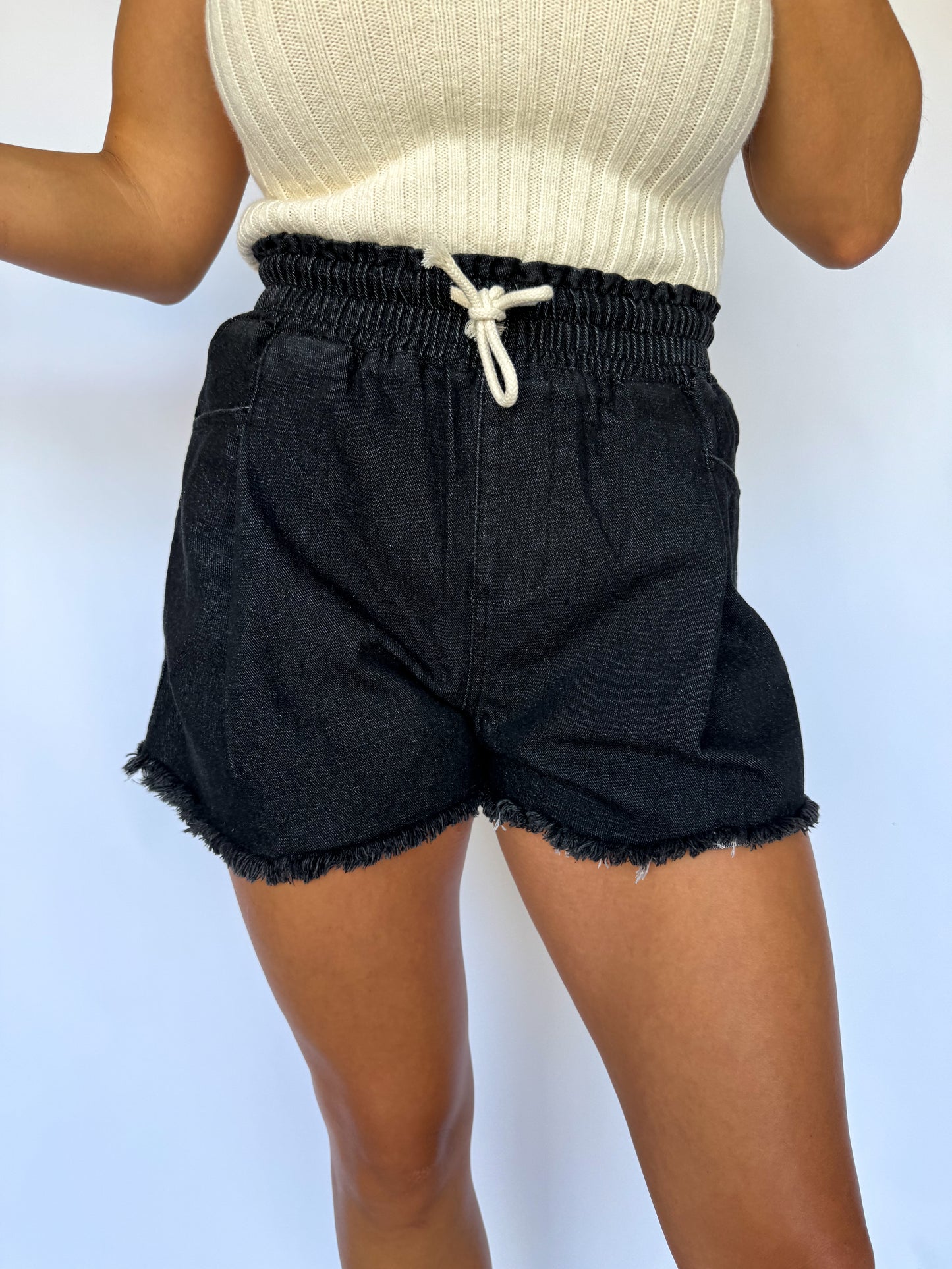 You Could Never Drawstring Denim Shorts