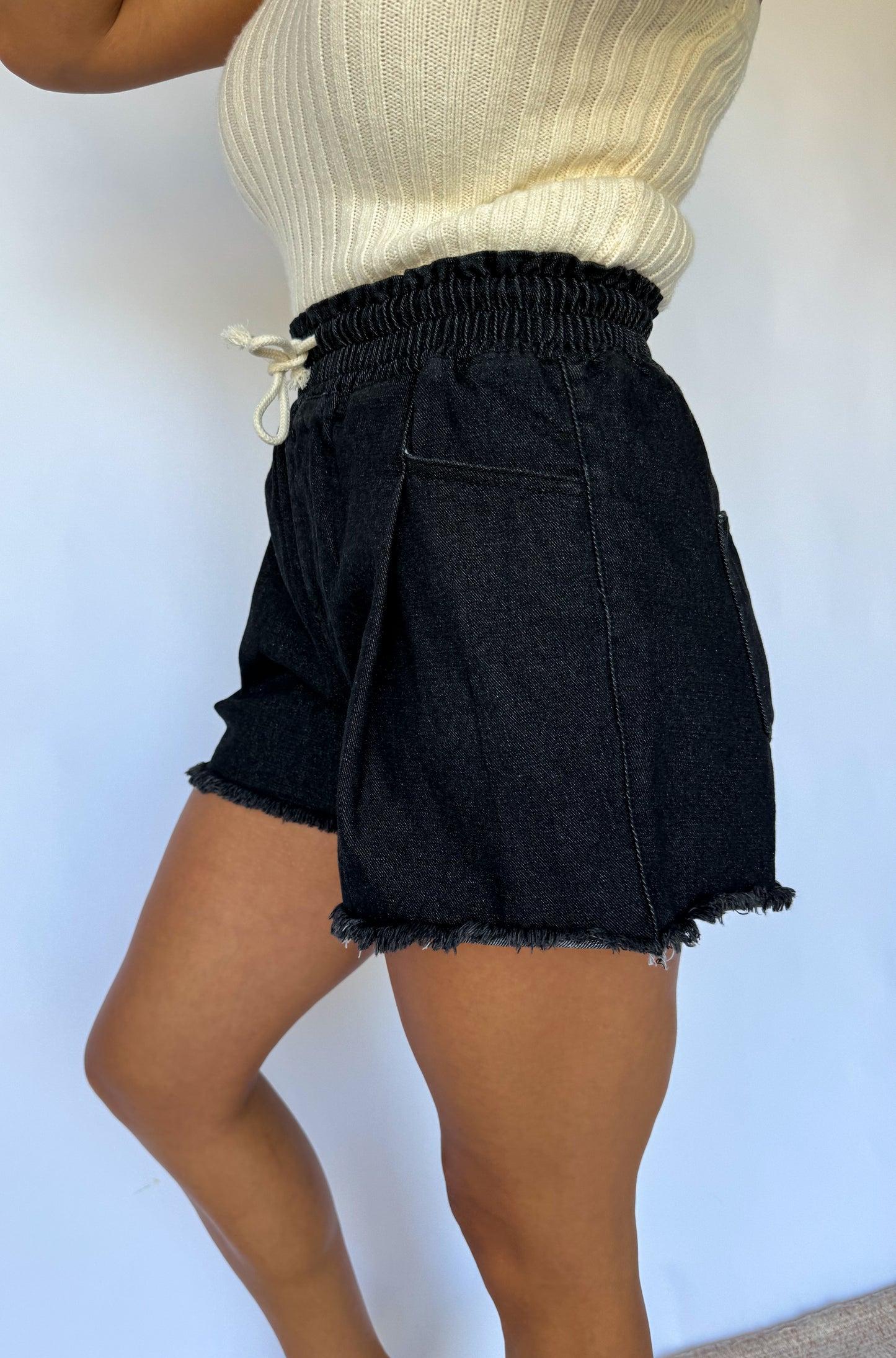 You Could Never Drawstring Denim Shorts