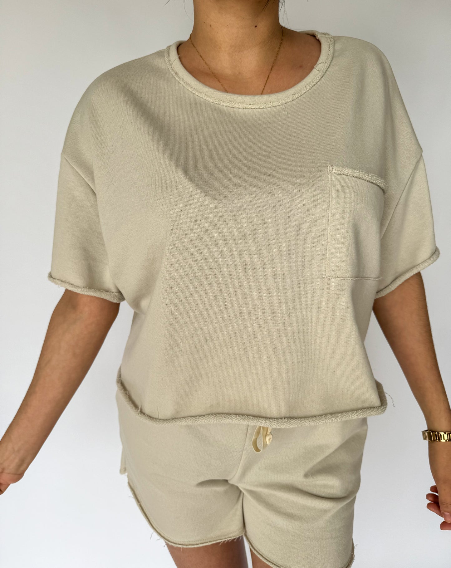 Never Looking Back Terry Raw Hem Boxy Tee *Beige*